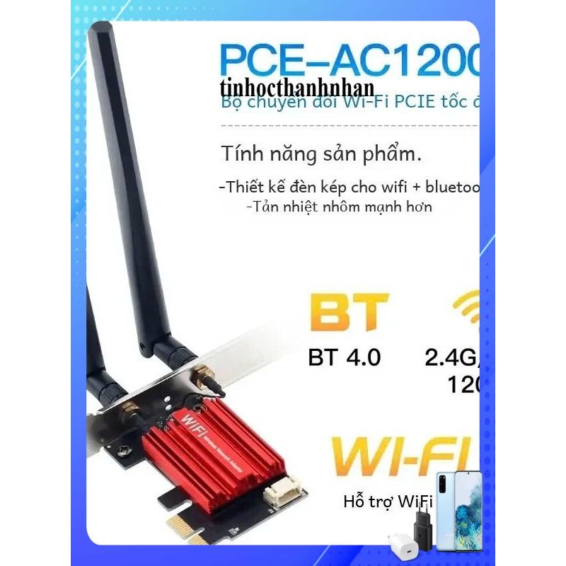 Card Wifi và Bluetooth 4.0 Không Dây AC1200 2 băng tần kép dùng cho máy tính để bàn