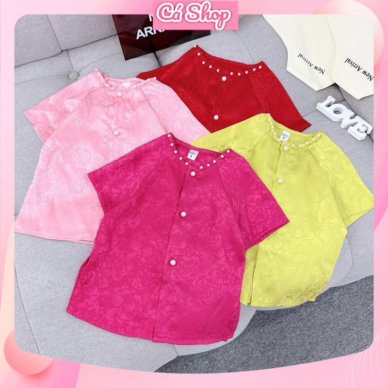 BB9, Áo bà ba ngắn tay, Quần bà ba,  Áo bà ba gấm vân hoa ngắn tay cổ đính hạt cho bé gái