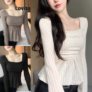 Áo thun Lovito cổ vuông xếp nếp màu trơn thường ngày cho nữ LNE29197 (Nhiều màu)
