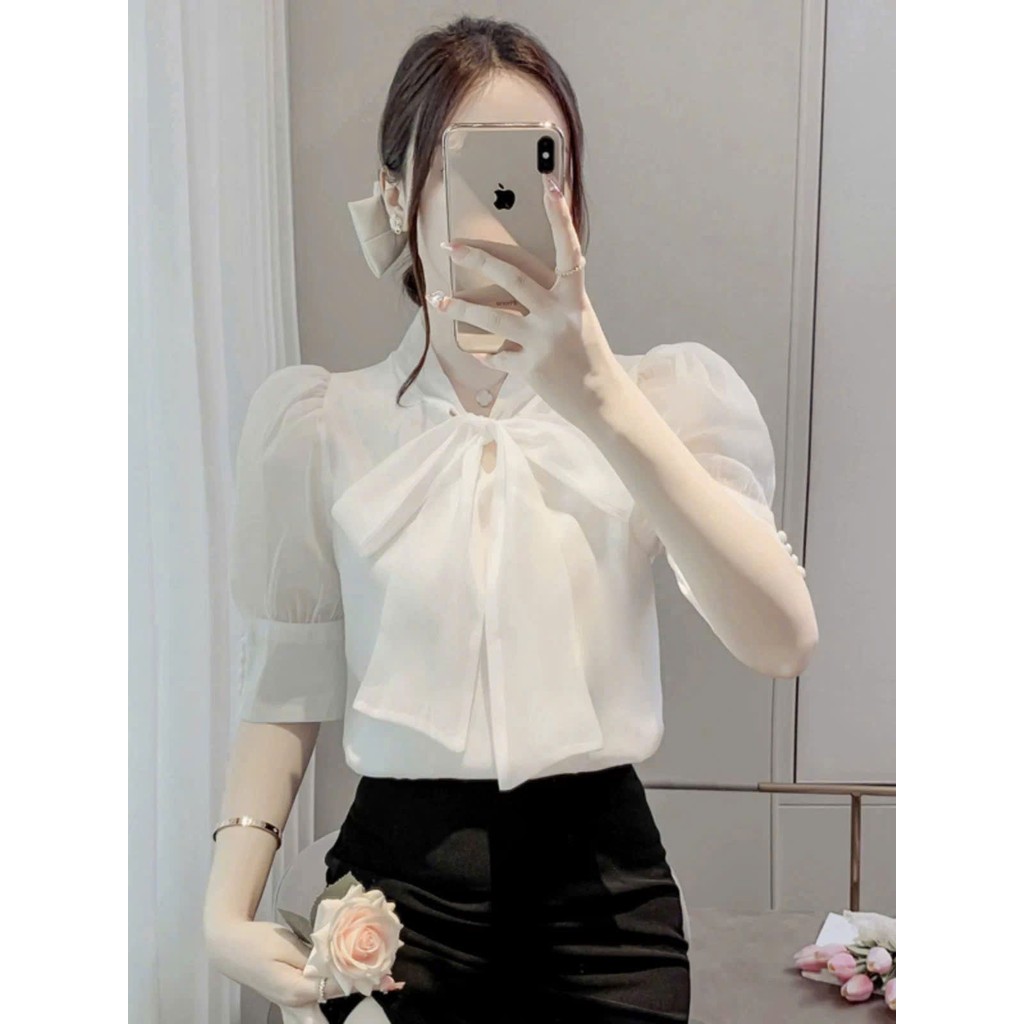 Áo Sơ Mi LỤA trung niên nữ U30 U40 U50,Áo Sơ Mi Công Sở Nữ Đẹp Tay Dài Cổ Thắt Nơ