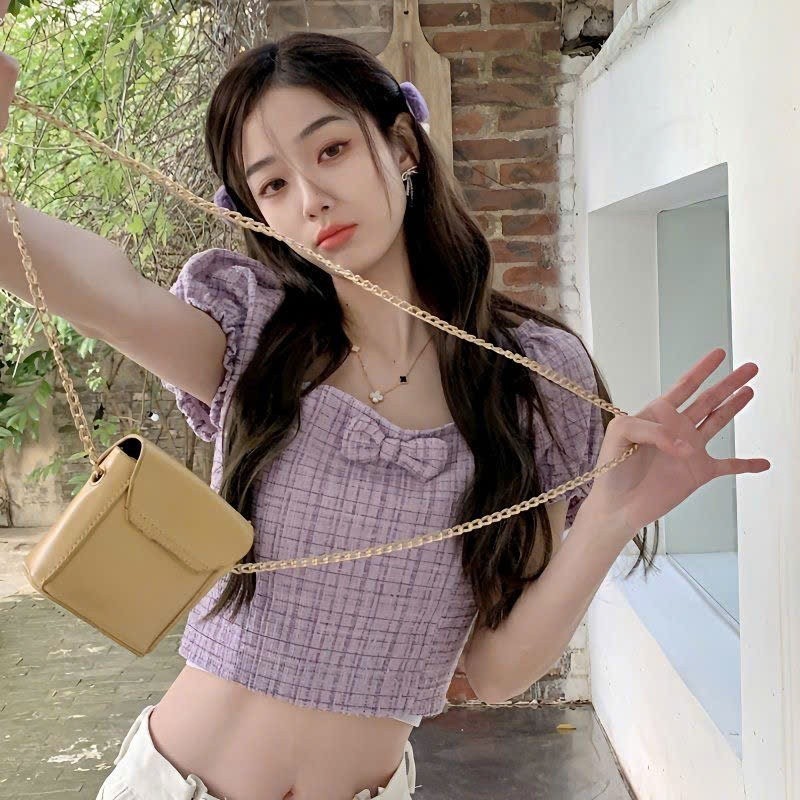 [A42] Áo điệu croptop tay bồng Lena đính nơ trước ngực, Áo kiểu mùa hè dáng ngắn tím mộng hằng ngày 