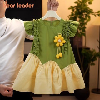  BEAR LEADER Gấu Lãnh Đạo Mùa Hè Cổ Tròn Ruffle 3D Hoa Bé Gái Quần Áo Phiên Bản Hàn Quốc Tay Bay Chắp Vá Đầm Công Chúa 2-7 Tuổi Trẻ Em Ngọt Ngào Mặc 