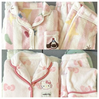 Đồ ngủ lông cừu san hô FDS Bộ đồ mặc nhà cổ lật flannel dày thêu họa tiết dễ thương hoạt hình mùa đông cho nữ