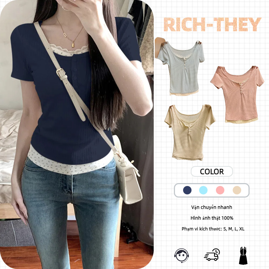 RICH-THEY Áo Thun Tay Ngắn Thêu Ren Hoa Thời Trang Mới Mùa Hè Hè-V379