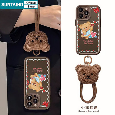 Suntaiho Romantic Bear with Heart - Ốp điện thoại theo chủ đề có dây buộc Silicon mờ Vỏ chống sốc mềm cho iPhone 11 12 13 14 15 16 Pro max IP 7 8 Plus Iphon X Xs XR Xs max