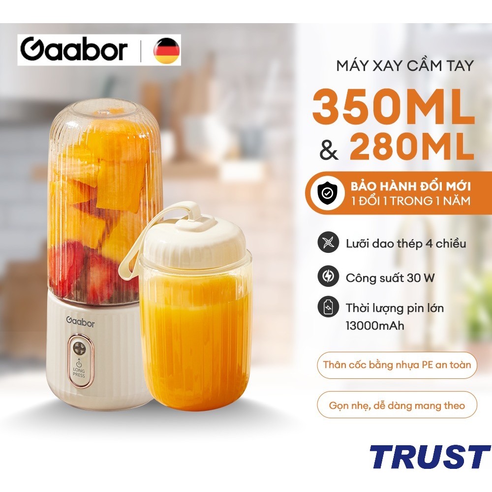 Máy xay sinh tố cầm tay Gaabor FP03T-WH01A dung tích cốc đôi 350ml + 280ml pin sạc cổng USB
