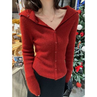 Áo Cardigan dệt kim dài tay cổ bẻ màu Đỏ giáng sinh áo len dáng ngắn không khí thu đông cho nữ áo lạnh
