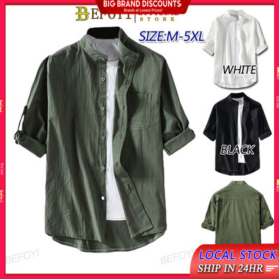 Áo Sơ Mi Nam Dài Tay Trơn Cotton Kemeja Lelaki Áo Thun Rời Muslimah Gai Dầu Top Berkolar Baju Raya Lengan Panjang TL1562