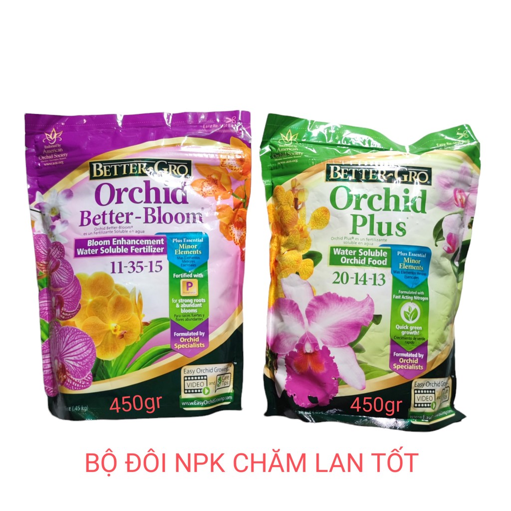 Bộ đôi NPK cho lan var BETTER-GRO Orchid Plus 20-14-13 và Orchid Better Bloom 11-35-15 gói 450gr