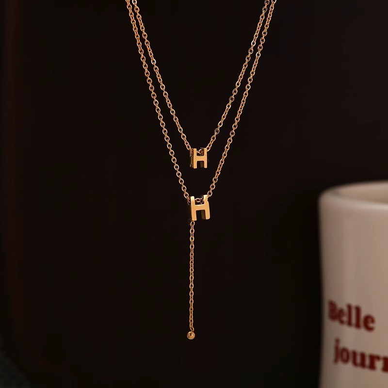 Vòng cổ mạ thép titan 18K Vàng thật Chữ đôi H Mặt dây chuyền Dây chuyền áo len