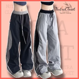 Quần dài ống rộng chất dù gió nhăn nhẹ phối màu oval sọc unisex nam nữ