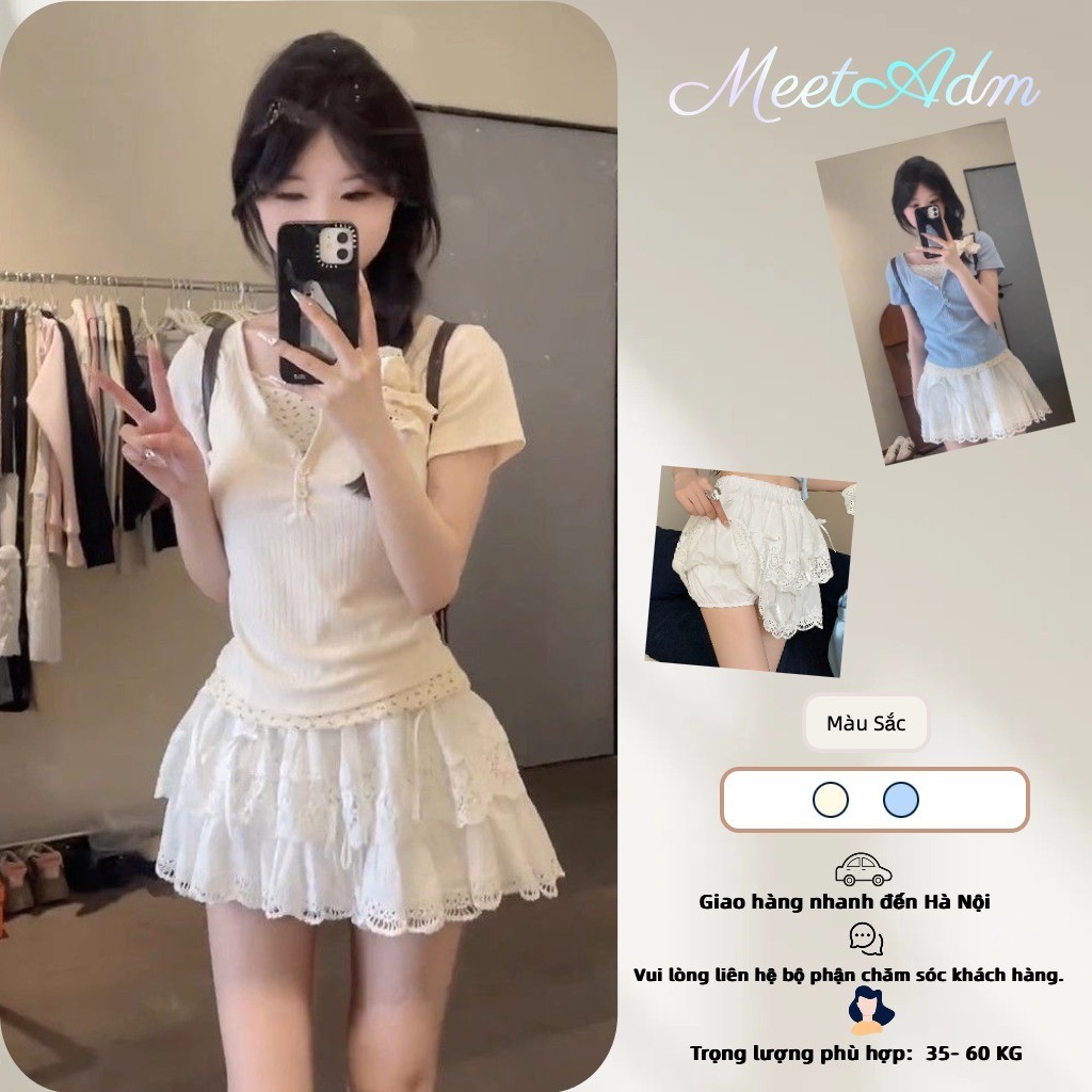 Meet-Adm Bộ Áo Thun + Chân Váy Nữ Bộ Đồ Hai Mảnh Viền Ren Thời Trang Mùa Hè Mới | BigBuy360 - bigbuy360.vn