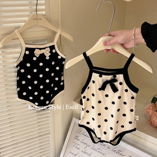 Bộ áo liền quần trẻ em mùa hè phong cách Hàn Quốc chấm bi bằng vải Cotton không tay cho bé gái 0-24 tháng tuổi