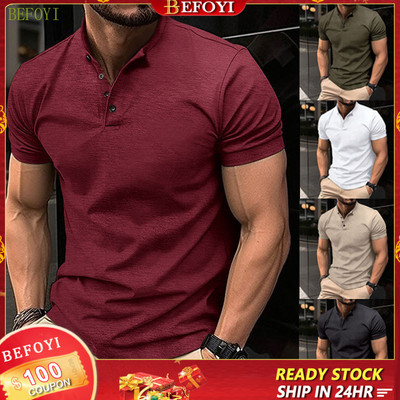 Nam Âu Mỹ Màu Trơn giản dị slim fit Áo Thun Nút Cổ Henry Thể Thao Áo Thun ZT071