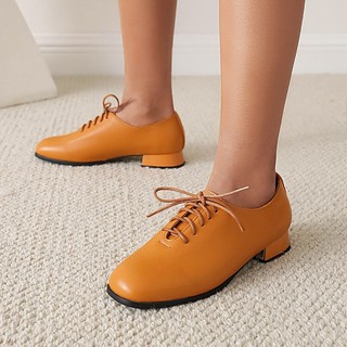 34-43 Size All-Match Deep-Mouth Giày Anh Preppy Phong Cách Mũi Vuông Ren-Up Giày Da Nhỏ Nữ