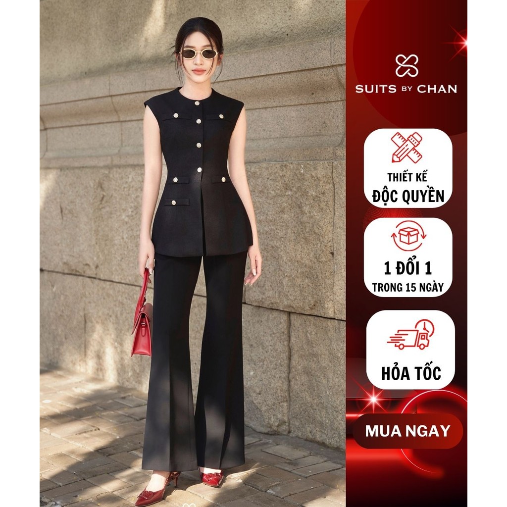 SUITS BY CHAN - Áo tex sát nách phối nút, Quần dài ống loe - VKAO00536 SCQD00046 Nữ Women