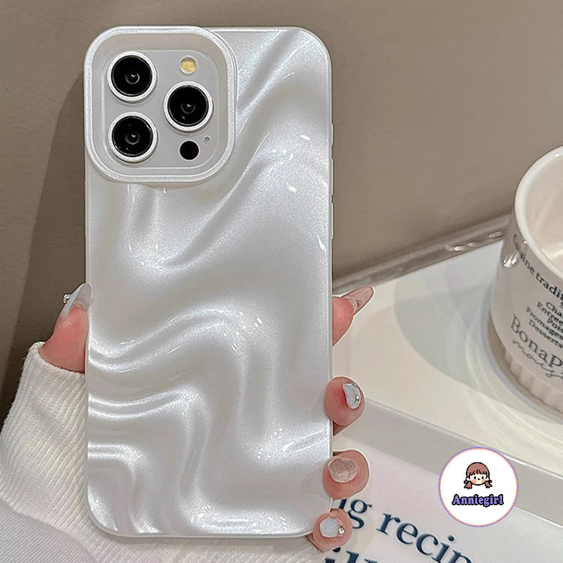 Ốp điện thoại gợn nước 3D màu trắng ngọc trai sang trọng cho IPhone 11 15 16 Pro Max 12 14 13 Promax