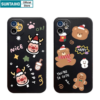 Suntaiho Ngộ nghĩnh Vỏ Giáng Sinh Nai Sừng Tấm Dee Gấu Họa Tiết Ốp lưng Iphone 16 15 14 13 12 11 Pro Max IP 7 8 Plus Iphon X Xs XR Xs Max Silicon Mềm Cao Cấp Chống Sốc Ốp Lưng