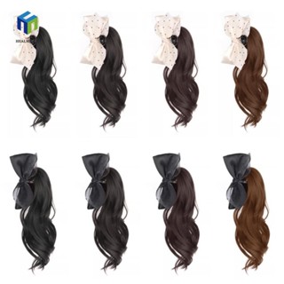 Healmeyou Tóc giả đuôi ngựa nơ màu be đen, Tóc nối dài kiểu Hàn Quốc Đuôi ngựa xoăn lượn sóng dài, Tiệc tóc đuôi ngựa tổng hợp tự nhiên hợp thời trang