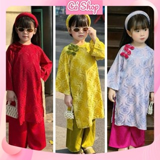 Set áo dài cách tân bé gái CS664, CS668, CS680 bộ áo dài gấm Thọ quần lụa cho bé mặc tết
