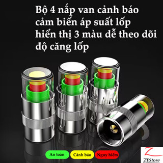 Bộ 4 nắp van cảnh báo cảm biến áp suất lốp hiển thị 3 màu dễ theo dõi độ căng lốp