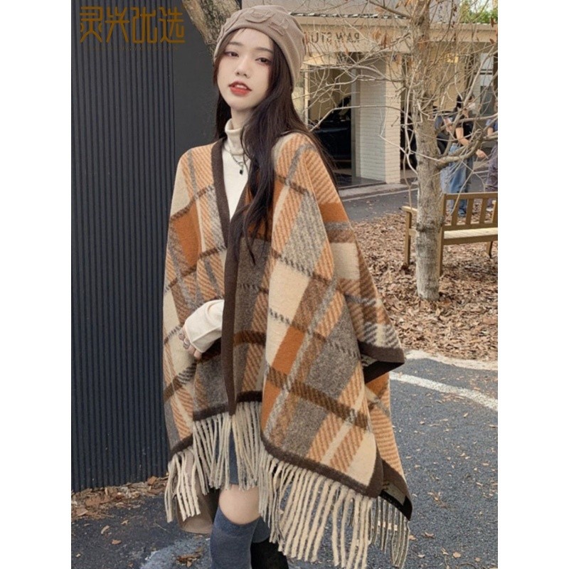 British Plaid Cloak Korean Style Office New Inverness Autumn and Winter Blanket Women's Cloak2024Out