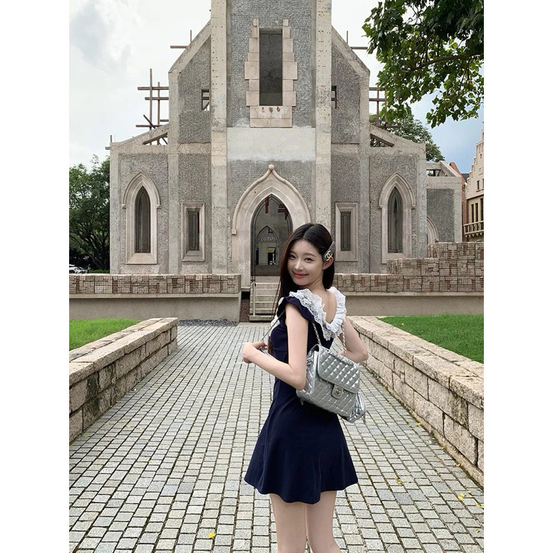 (Khâu ren) Đầm bó gợi cảm màu trơn nơ dự tiệc váy chữ A dễ thươngVáy lệch vai cổ chữ U cóviền cổ bèo | BigBuy360 - bigbuy360.vn