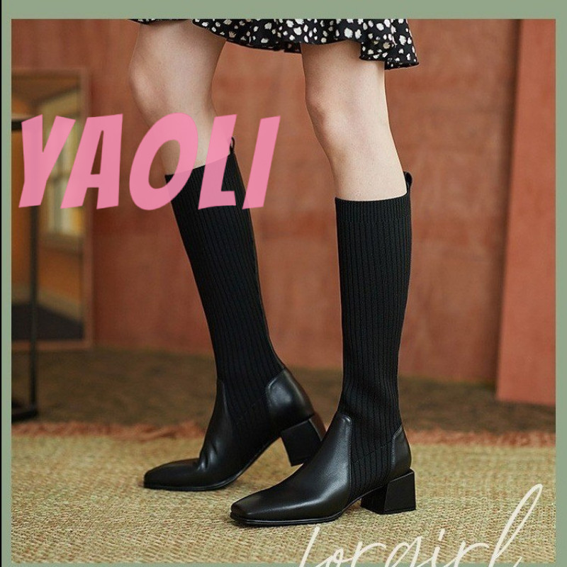 Yaoli Mới Thu Đông Thời Trang Đầu Vuông retro Phong Cách Hàn Quốc Dày Gót Cao Gót Co Giãn Tất Miệng Không Trên Đầu Gối Giày Bốt Mỏng
