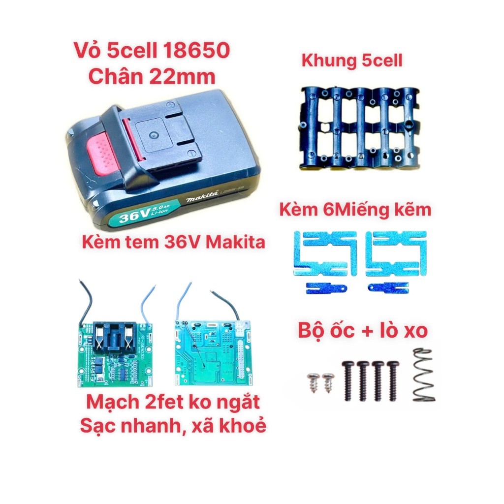 Vỏ pin 5 cell 21v dewalt makita trung quốc chân 22mm 21v 5s1p 5 cell 18650 new