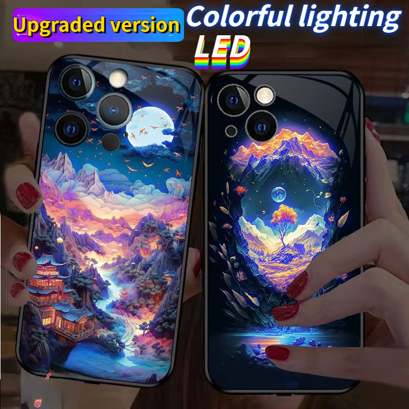 Tranh sơn dầu thủy tinh LED ánh sáng phát sáng Vỏ bảo vệ iPhone 16promax 16pro 16 15 15Promax 15pro 