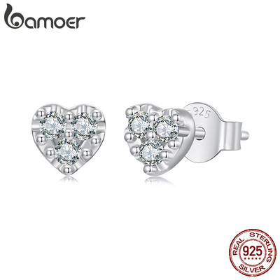 Bamoer 925 Sterling Sliver Bông Tai Mini Trái Tim Moissanite Trang Sức Quà Tặng Cho Nữ