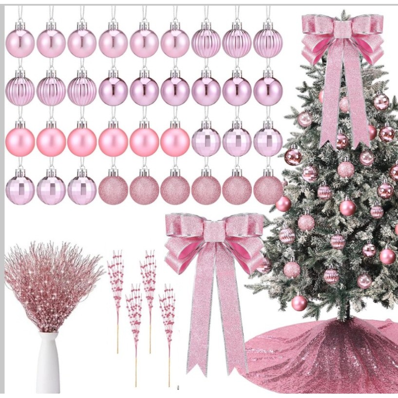Bộ đồ trang trí cây thông Noel màu hồng Sequin Cây thông Noel màu hồng Nơ màu hồng Cây thông Noel Topper Đồ trang trí bóng Giáng sinh màu hồng cho lễ Giáng sinh Trang trí vòng hoa tiệc ngày lễ