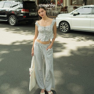 Set Áo Trễ Vai Cài Nút Và Quần Dài Ống Suông Vải Linen Kẻ Sọc Augety Studio, JOSIE Set