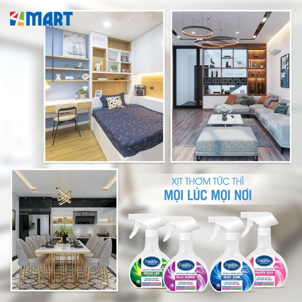 Xịt thơm phòng kháng khuẩn khử mùi đa năng Nhật Bản Pure Plus 380ml, 4 mùi lưu hương lâu.