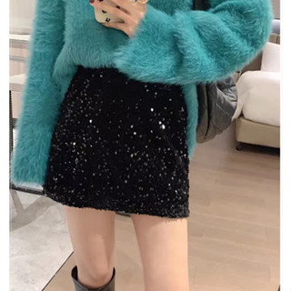  Nhung Đính Kim Sa Lấp Lánh Chữ A Cao Váy Ngắn Nữ Mùa Xuân Sáng Bóng Váy Đen Mỏng Hơn Nhìn Sáng Bóng Công Nghiệp Nặng Váy A 