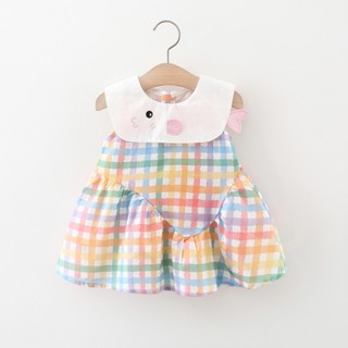 Quần Áo Cho Bé Gái Cá Dễ Thương Thêu Cổ Búp Bê Cầu Vồng Kẻ Sọc Đầm Cho Bé Gái