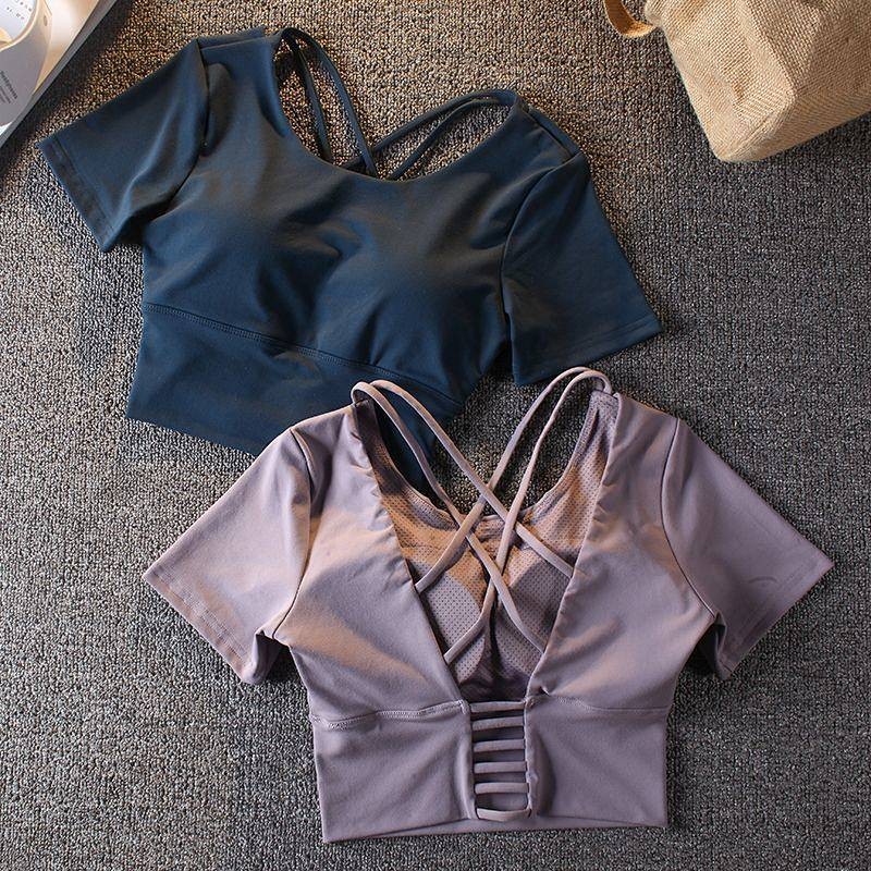 Yoga Belt Chest Pad Beauty Back Fitness Short Sleeve Women's Tight Sexy Sports Top Cropped T-shirt T