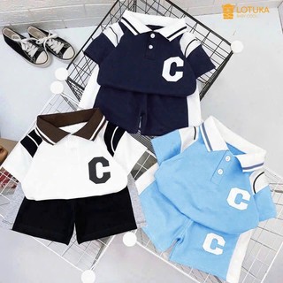 Bộ Polo Chữ C Phối Màu Chất Thun LOTUKA Phong Cách Hàn Quốc, Đồ Bộ Cộc Tay Cho Bé Trai, Quần Áo Trẻ Em Size 8-18kg