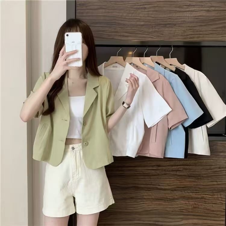 [Giảm giá hấp dẫn] Áo blazer ngắn tay cho phụ nữ, phong cách Pháp mùa hè 2024, áo blazer ngắn mỏng, 