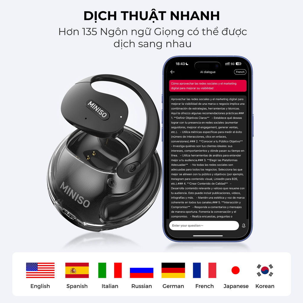 Miniso X15 Pro Tai Nghe Phiên Dịch AI tai nghe dịch thuật Bluetooth 5.4 Tai nghe dịch AI Tai nghe ASMR Âm thanh nổi ba chiều 3D Dịch 135 ngôn ngữ Tai nghe mở Tai nghe không dây Âm thanh nổi Chống nước | BigBuy360 - bigbuy360.vn