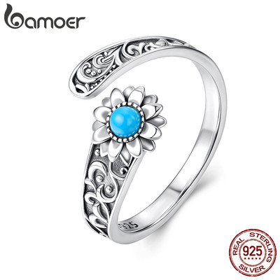 Bamoer Bạc 925 Có Thể Điều Chỉnh Nhẫn Chunky Hoa Hướng Dương Ngọc Thiết Kế Trang Sức Nữ Quà Tặng