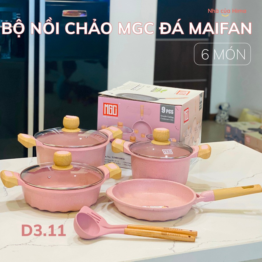 GIA DỤNG Bộ nồi chảo chống dính đá maifan MGC cao cấp - 6 món - đáy từ - dùng cho mọi loại bếp VHMAR