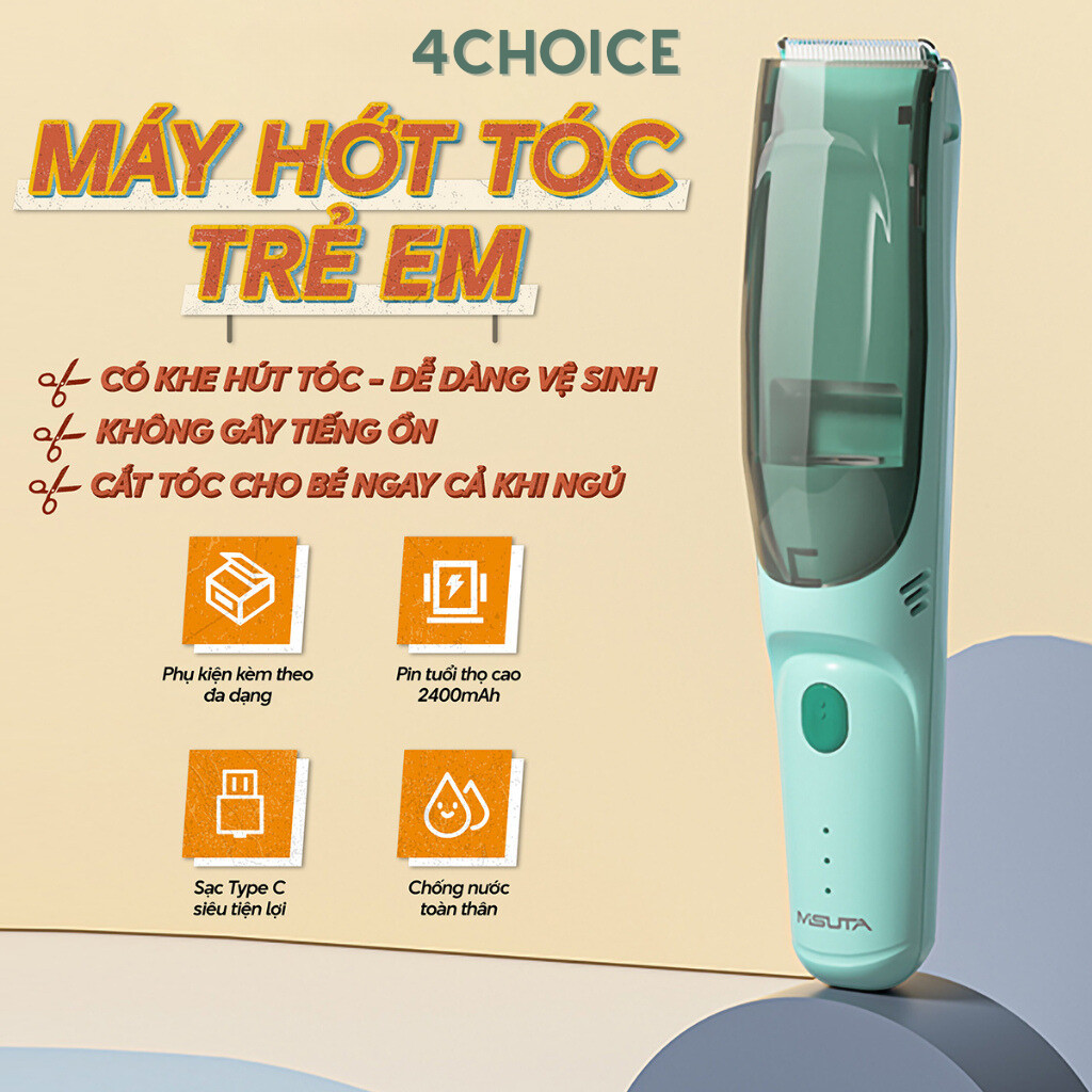 Tông đơ cắt tóc cho bé misuta, tonder tự động hút tóc rơi, máy tăng đơ hớt tóc êm dùng cho trẻ em và bé sơ sinh.
