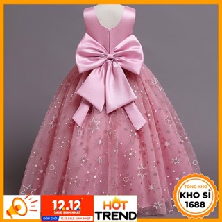 Váy công chúa bé gái đi dự tiệc đầm voan gắn nơ vải lụa hàng quảng châu cao cấp E1195