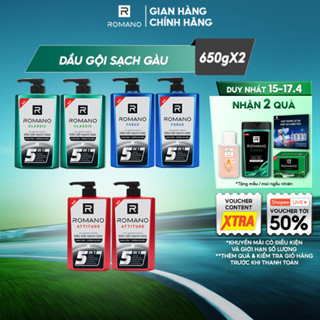 Combo 2 Dầu gội nam sạch gàu 5in1 Romano hương Nước hoa nam Classic/ Force/ Attitude 650g/chai - 3 mùi hương có sẵn