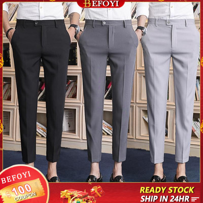 M-8xl Nam Trang Trọng Quần Mắt Cá Chân Công Sở Thời Trang Co Giãn Slim Fit Quần Thẳng Văn Phòng Hàn Quốc Đen Seluar Slack Lelaki