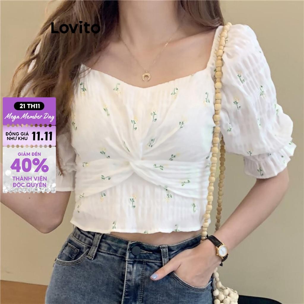 Áo kiểu Lovito vải jacquard thắt nút họa tiết hoa nhí phong cách Boho cho nữ L83ED242