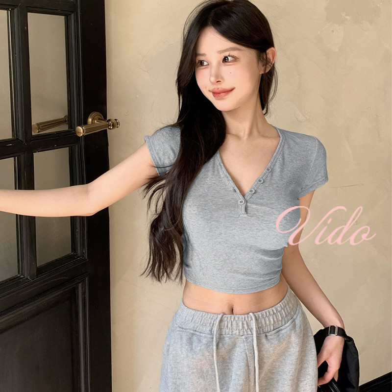 Áo thun ngắn tay cổ chữ V dành cho nữ Sweet Cool Bare Navel Slimming Top VD