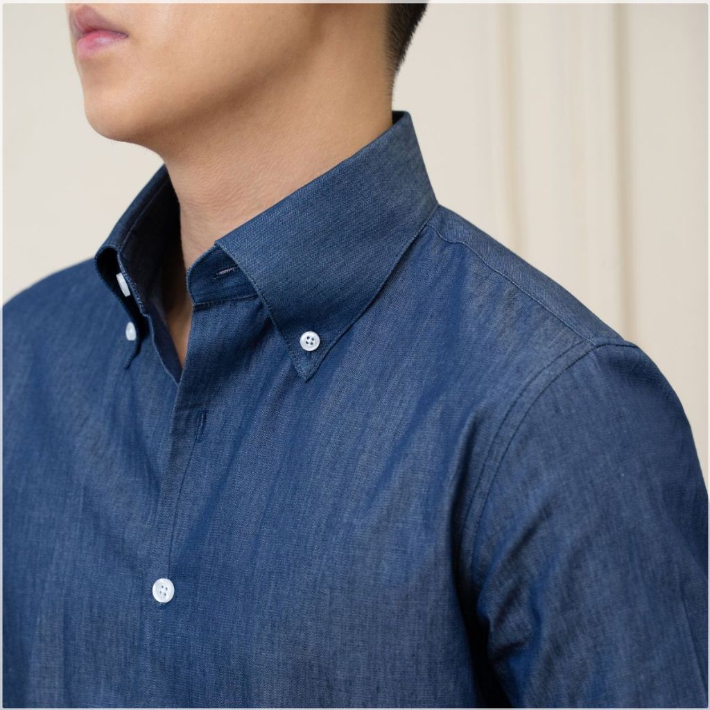 Áo sơ mi nam Denim dài tay màu xanh cổ Button Down form Regular FIT cao cấp - Geele