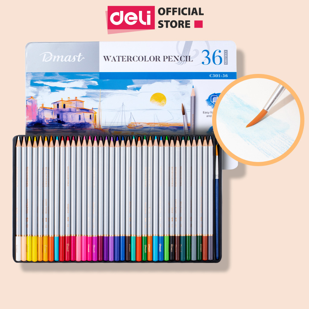 [Tặng Cọ] Bút Chì Màu Gốc Nước Dmast Cao Cấp Deli - Chì Màu Hộp Thiếc 24/36/48/72 Màu - Tô Vẽ Tranh 